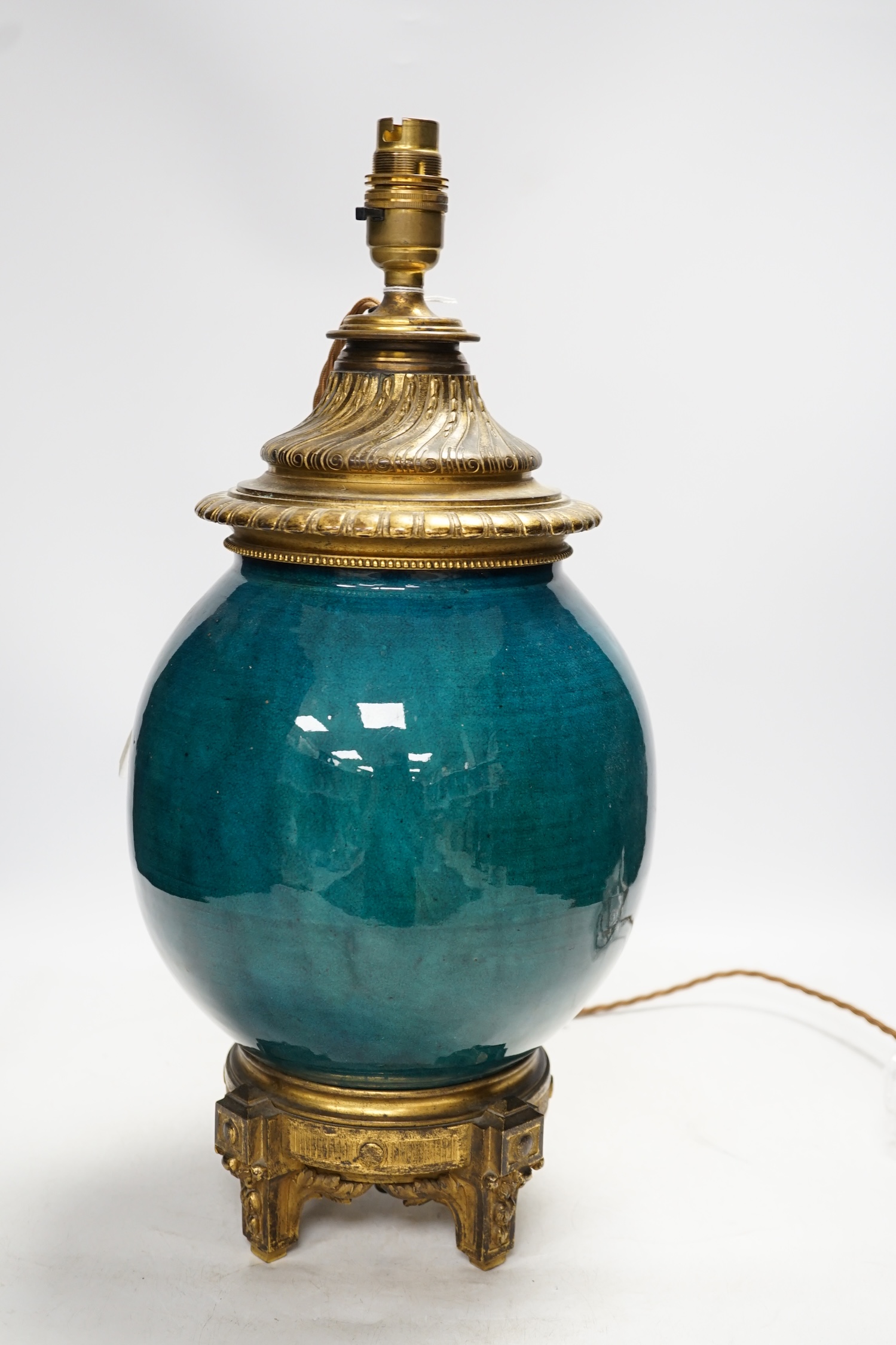 A Japanese turquoise pottery and ormolu vase converted to a table lamp, 38cm high. Condition - good